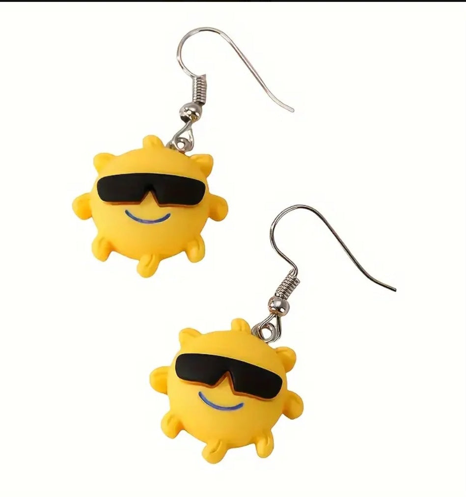 Acrylic Cartoon Sun Smiling Sunglasses Design Drop Dangle Earrings