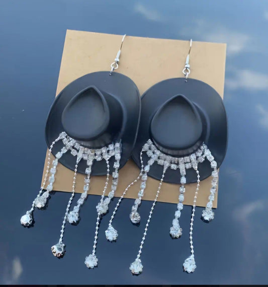 Acrylic Black Western Cowboy Cowgirl Hat With Rhinestone Dangle Embellishments Drop Earrings