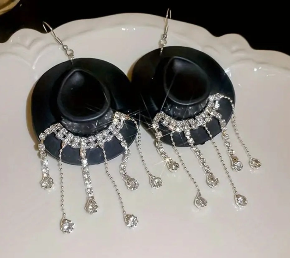 Acrylic Black Western Cowboy Cowgirl Hat With Rhinestone Dangle Embellishments Drop Earrings