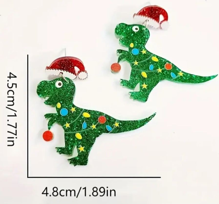 Acrylic Christmas Festive Santa Dinosaur Green Glitter Design Drop Dangle Earrings