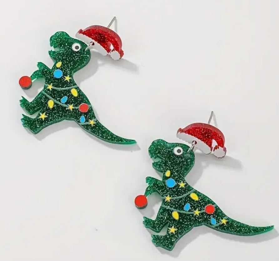 Acrylic Christmas Festive Santa Dinosaur Green Glitter Design Drop Dangle Earrings