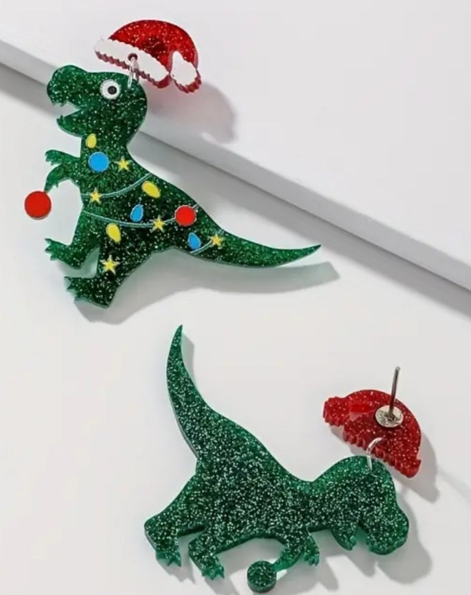 Acrylic Christmas Festive Santa Dinosaur Green Glitter Design Drop Dangle Earrings