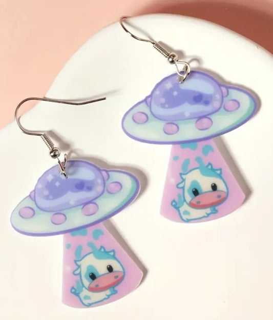 Acrylic Cartoon UFO Beam Cow Spaceship Lilac Purple Design Drop Dangle Earrings