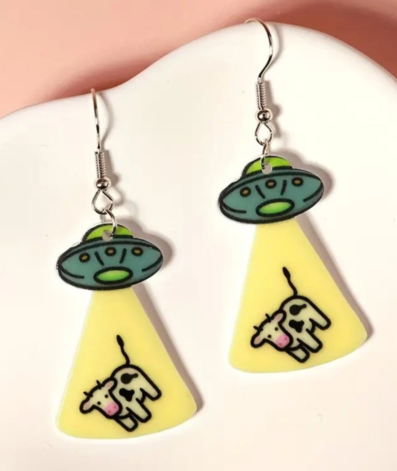 Acrylic Cartoon UFO Beam Cow Spaceship Yellow Green Design Drop Dangle Earrings