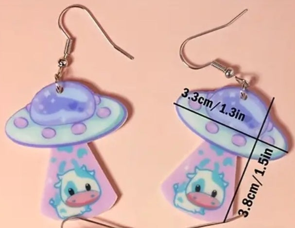 Acrylic Cartoon UFO Beam Cow Spaceship Lilac Purple Design Drop Dangle Earrings