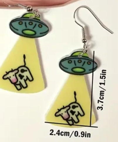 Acrylic Cartoon UFO Beam Cow Spaceship Yellow Green Design Drop Dangle Earrings