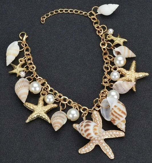 Beach Theme Gold Plated Faux Pearl Starfish Shells Large Charm Bracelet Anklet