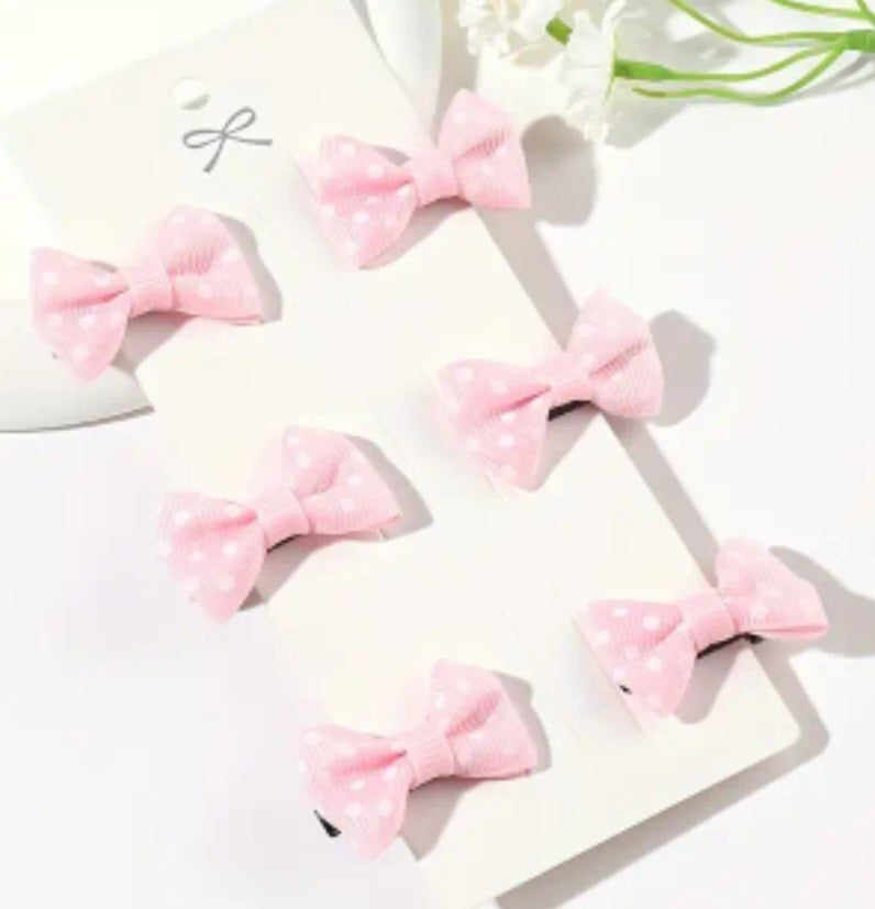 Cute Small Fabric Polkadot Pastel Pink Hair Bow Clip Set 6 Pieces