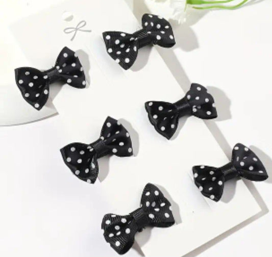 Cute Small Fabric Polkadot Black Hair Bow Clip Set 6 Pieces