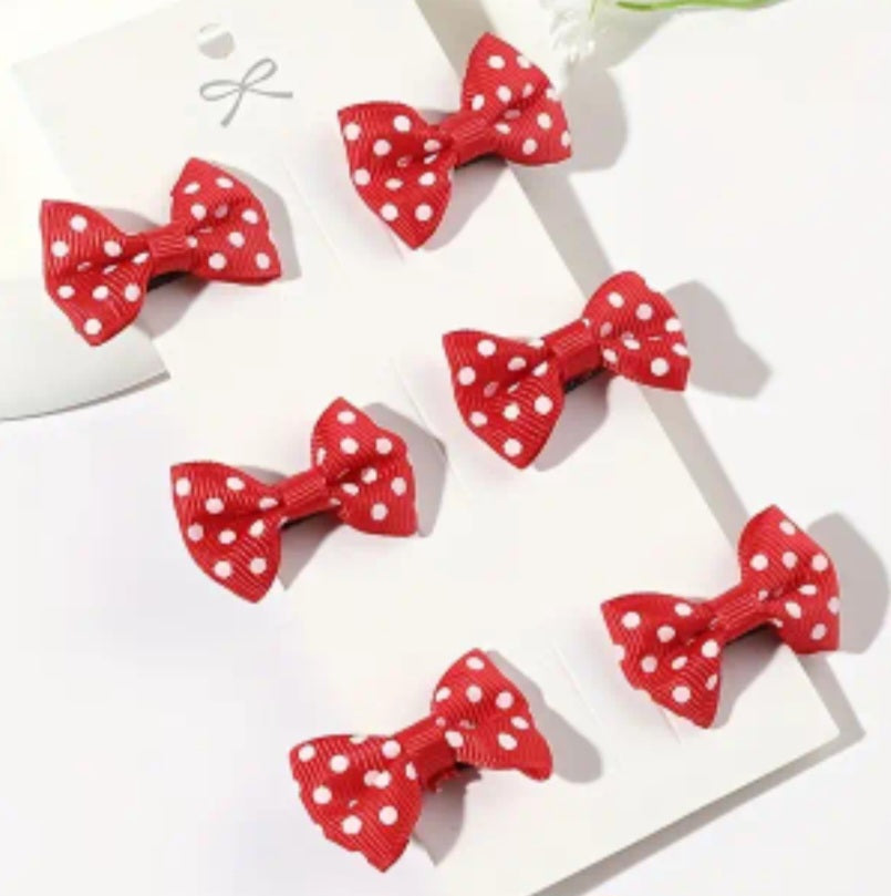 Cute Small Fabric Polkadot Red Hair Bow Clip Set 6 Pieces