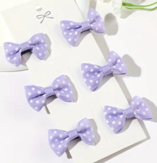 Cute Small Fabric Polkadot Purple Lilac Hair Bow Clip Set 6 Pieces