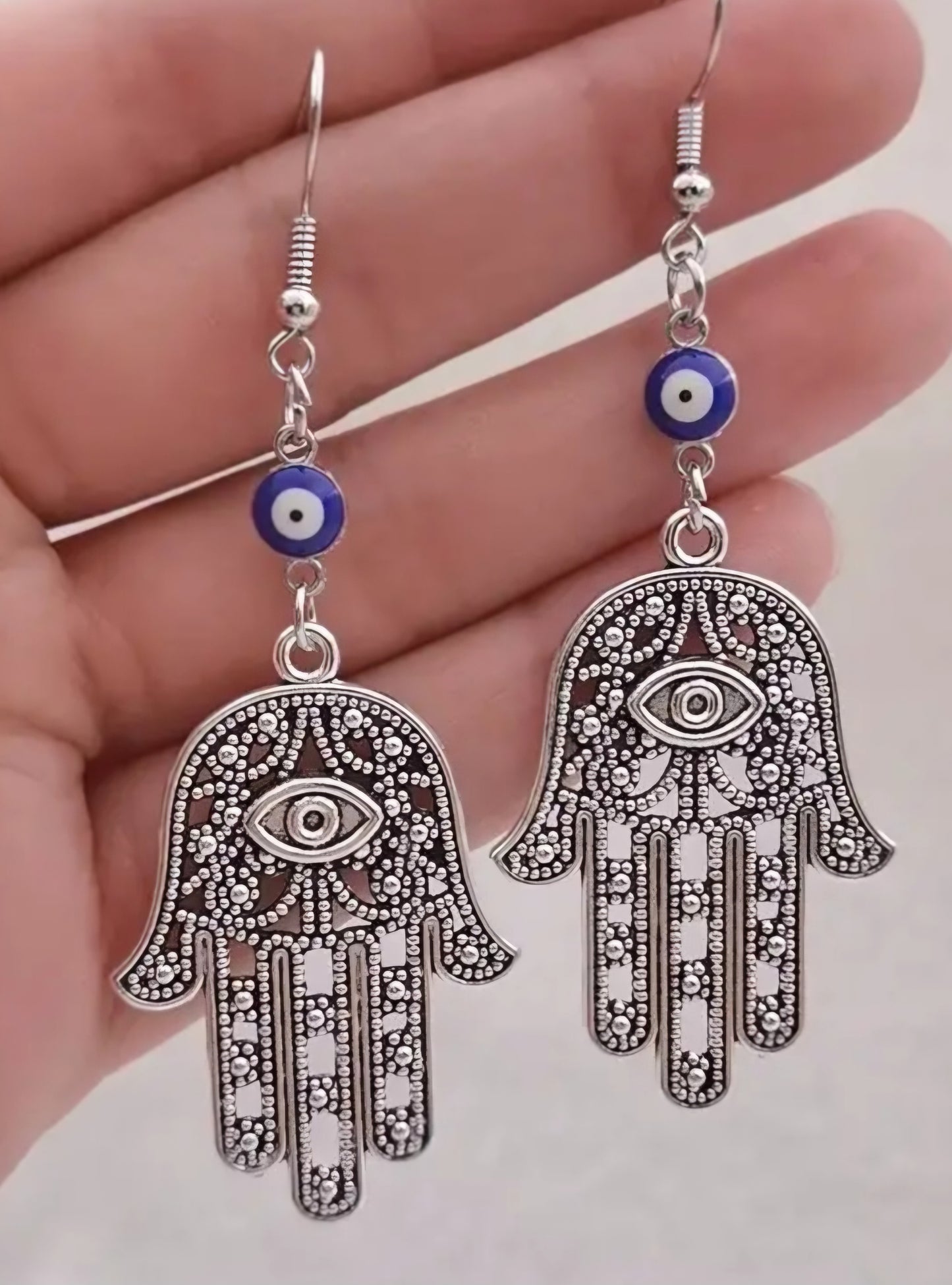 Giant Large Evil Eye Hand Hamsa Good Luck Protection Silver Plated Filagree Drop Dangle Earrings