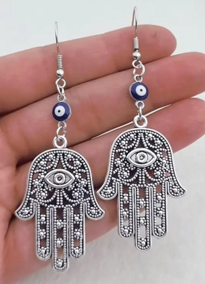 Giant Large Evil Eye Hand Hamsa Good Luck Protection Silver Plated Filagree Drop Dangle Earrings