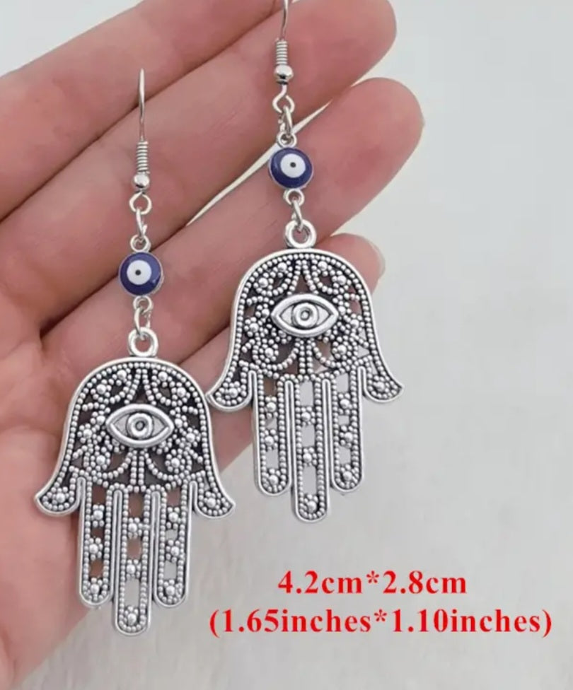 Giant Large Evil Eye Hand Hamsa Good Luck Protection Silver Plated Filagree Drop Dangle Earrings