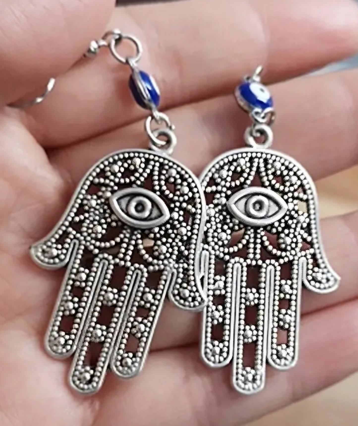 Giant Large Evil Eye Hand Hamsa Good Luck Protection Silver Plated Filagree Drop Dangle Earrings