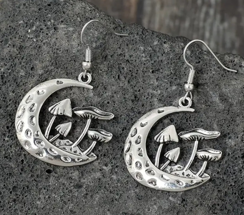 Crescent Moon Mushroom Garden Hammered Metal Silver Plated Drop Dangle Earrings