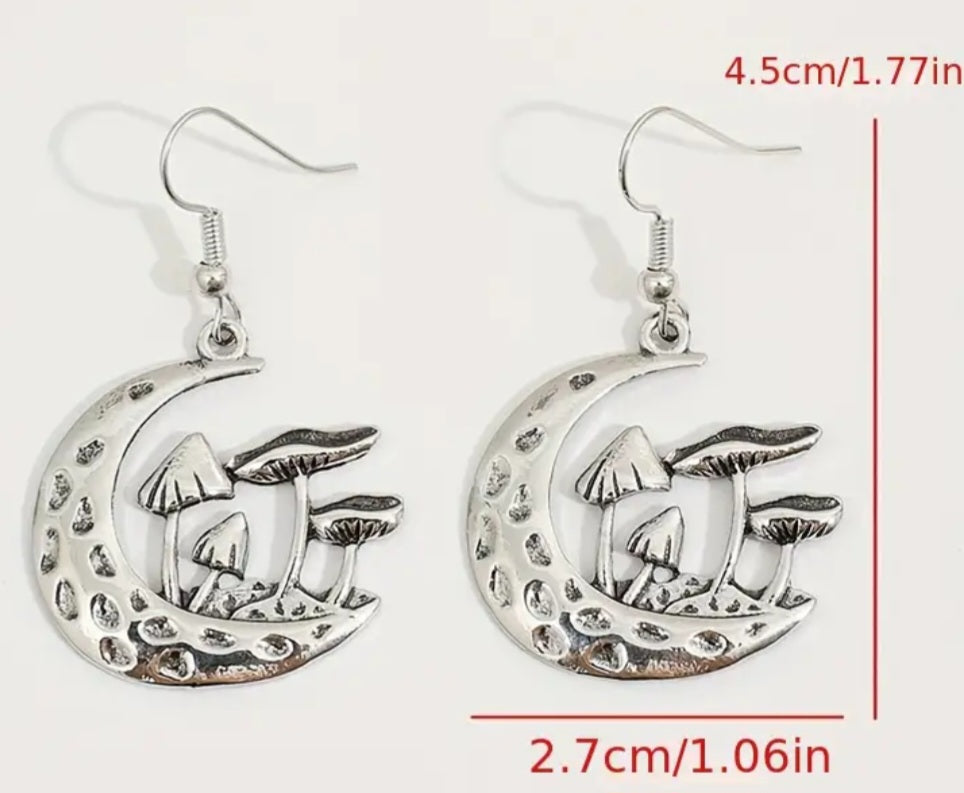 Crescent Moon Mushroom Garden Hammered Metal Silver Plated Drop Dangle Earrings