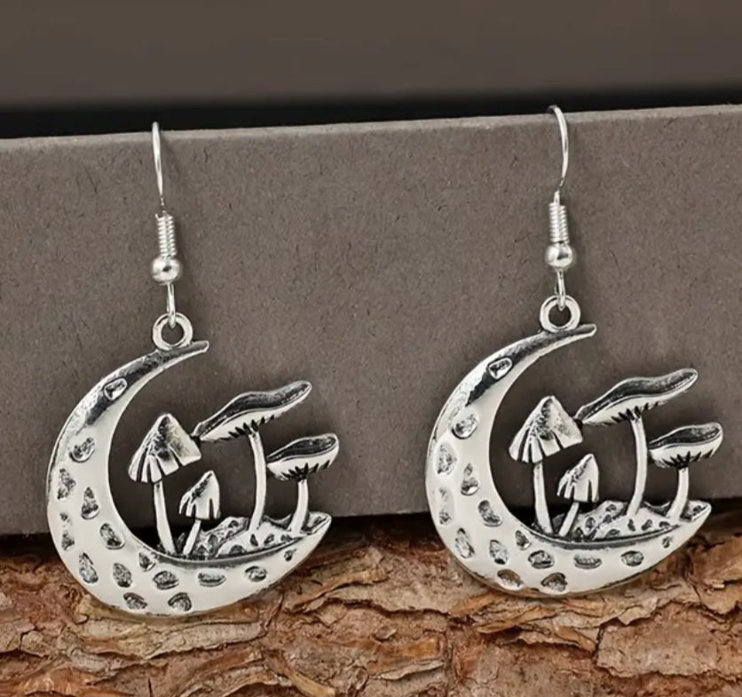 Crescent Moon Mushroom Garden Hammered Metal Silver Plated Drop Dangle Earrings