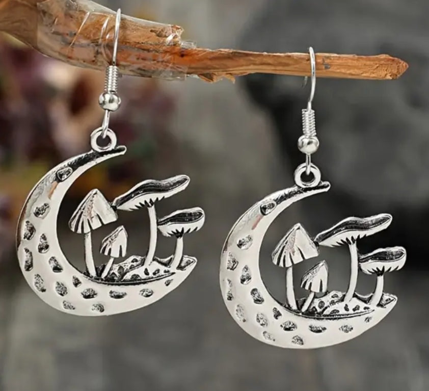 Crescent Moon Mushroom Garden Hammered Metal Silver Plated Drop Dangle Earrings