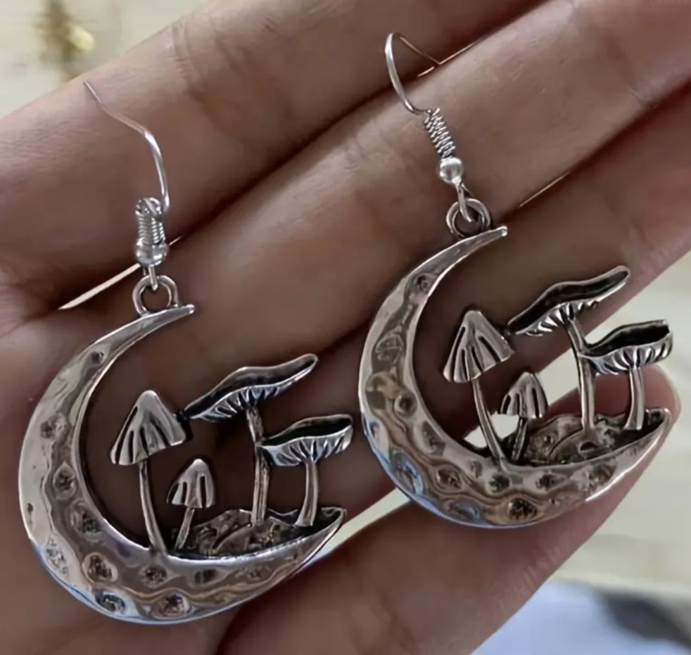 Crescent Moon Mushroom Garden Hammered Metal Silver Plated Drop Dangle Earrings