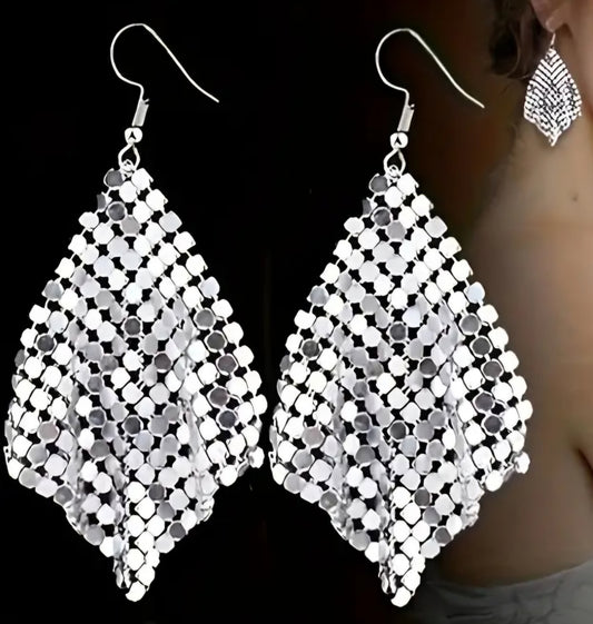 Chain Mail Disco Glo Mesh Inspired Metal Silver Drop Dangle Earrings