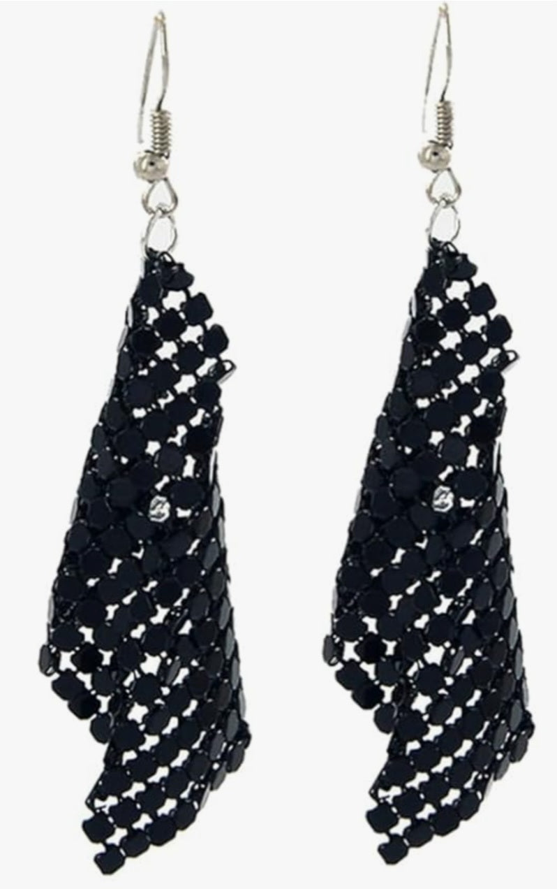 Chain Mail Disco Glo Mesh Inspired Metal Black Drop Dangle Earrings