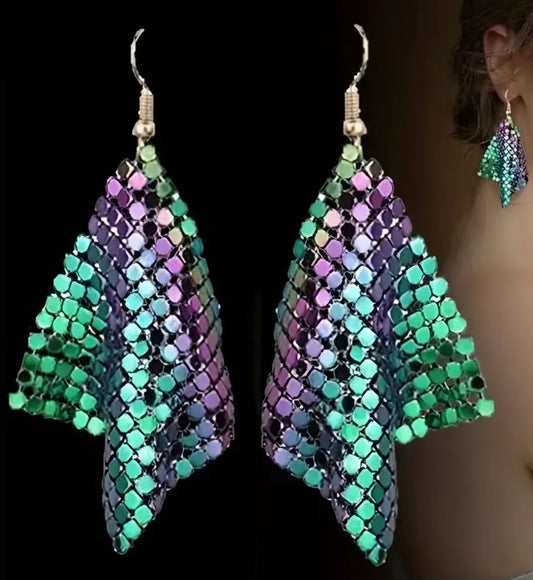 Chain Mail Disco Glo Mesh Inspired Metal Holographic Green Purple Multi Colour  Drop Dangle Earrings