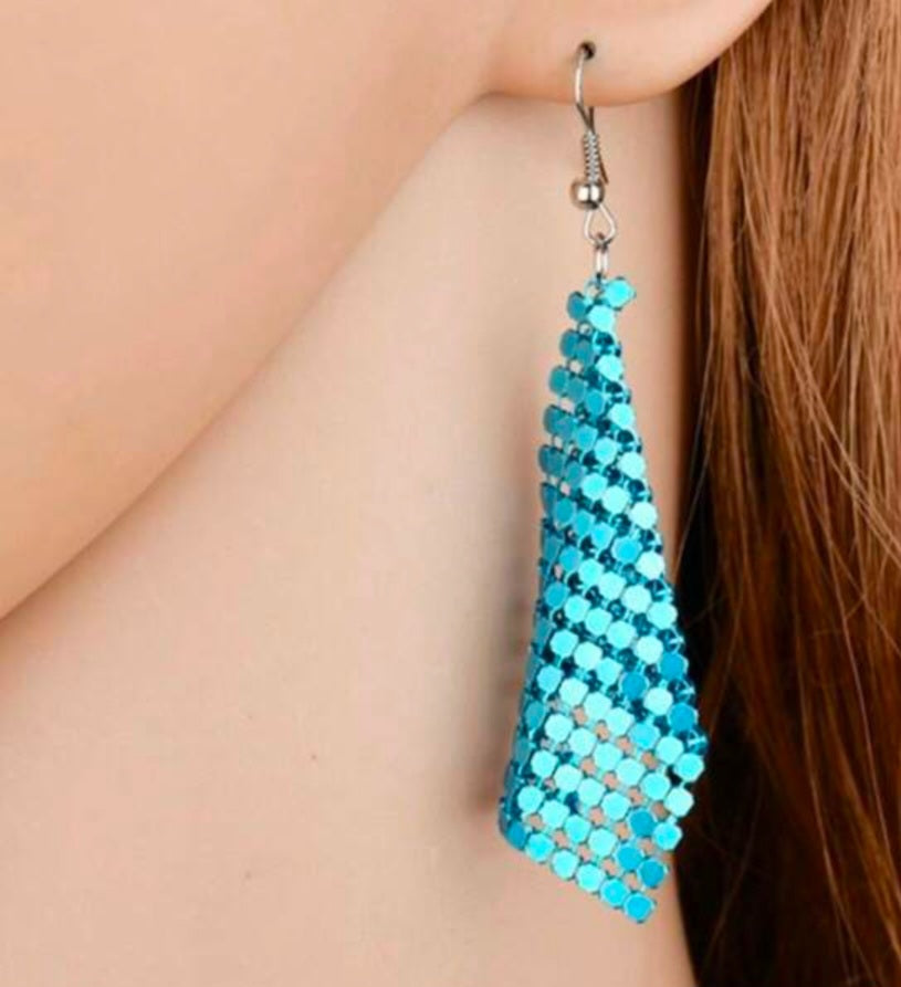 Chain Mail Disco Glo Mesh Inspired Metal Teal Blue Drop Dangle Earrings