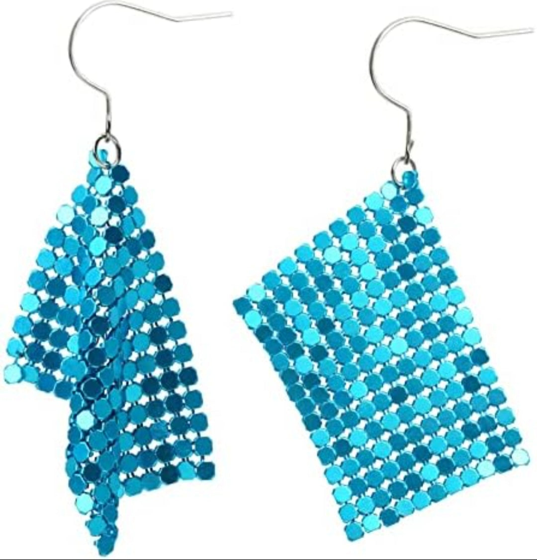 Chain Mail Disco Glo Mesh Inspired Metal Teal Blue Drop Dangle Earrings