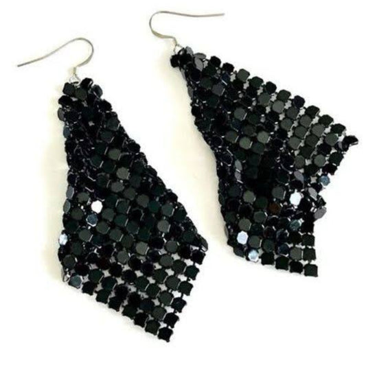 Chain Mail Disco Glo Mesh Inspired Metal Black Drop Dangle Earrings