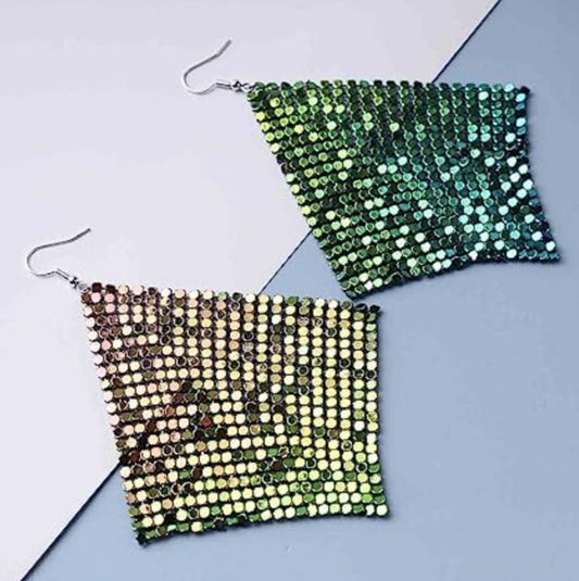 Chain Mail Disco Glo Mesh Inspired Metal Holographic Green Gold Multi Colour  Drop Dangle Earrings