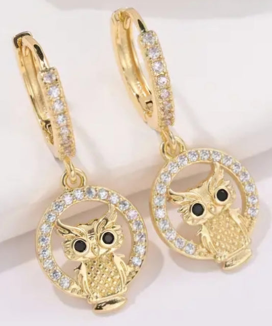 Gold Plated Cubic Zircon Inlay Owl Design Teeny Huggie Style Hoop Dangle Drop Earrings