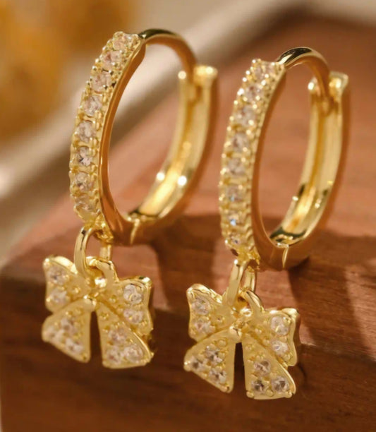 Gold Plated Cubic Zircon Inlay Bow Design Teeny Huggie Style Hoop Dangle Drop Earrings