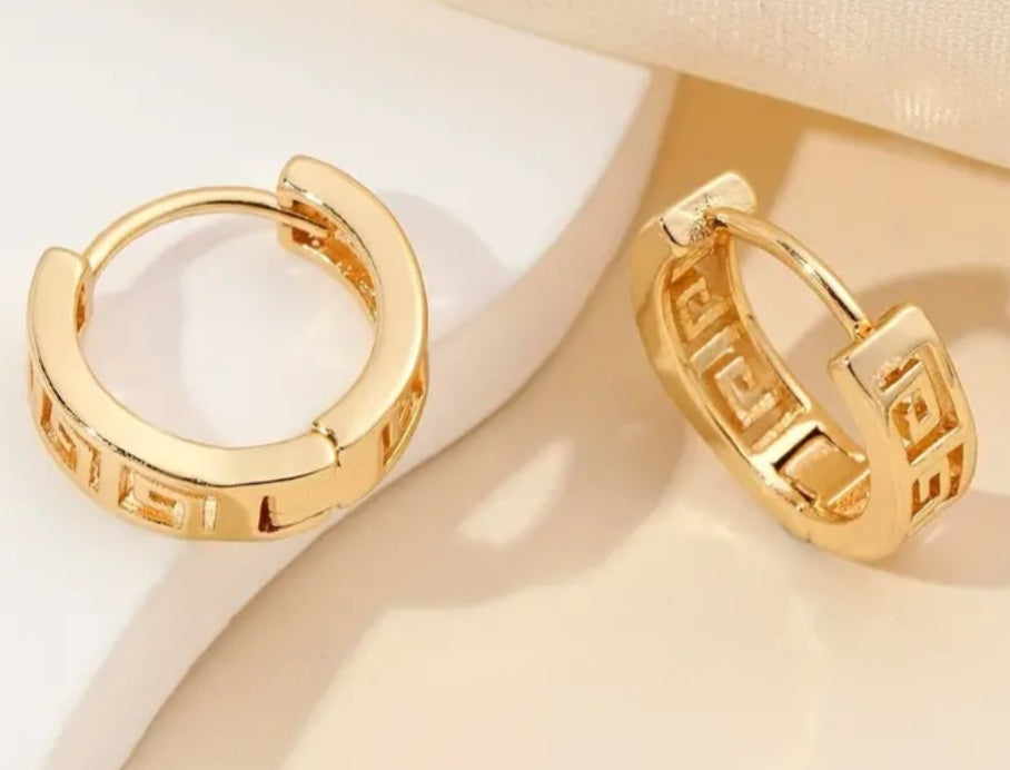 Greek Key Design Gold Plated Copper Filled Teeny Tiny Huggie Style Hoop Earrings