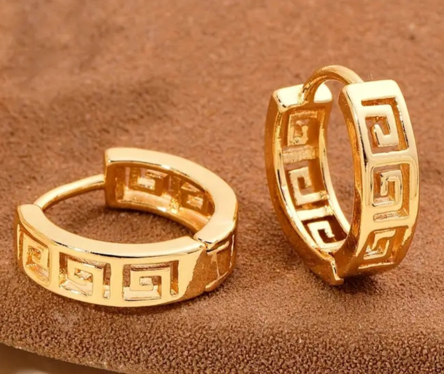 Greek Key Design Gold Plated Copper Filled Teeny Tiny Huggie Style Hoop Earrings