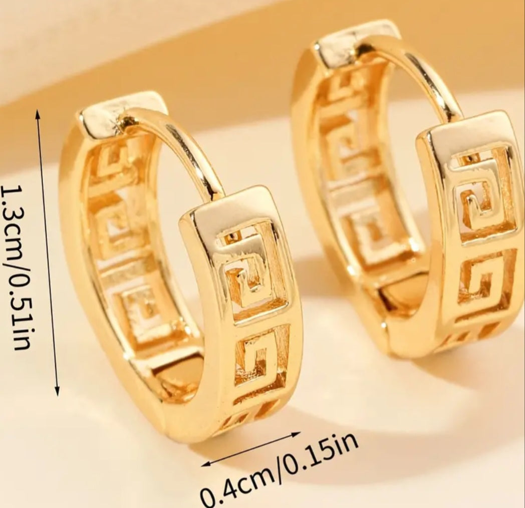 Greek Key Design Gold Plated Copper Filled Teeny Tiny Huggie Style Hoop Earrings