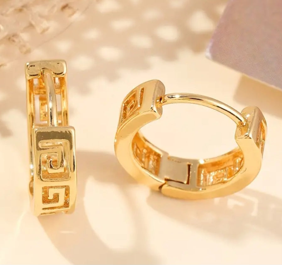 Greek Key Design Gold Plated Copper Filled Teeny Tiny Huggie Style Hoop Earrings