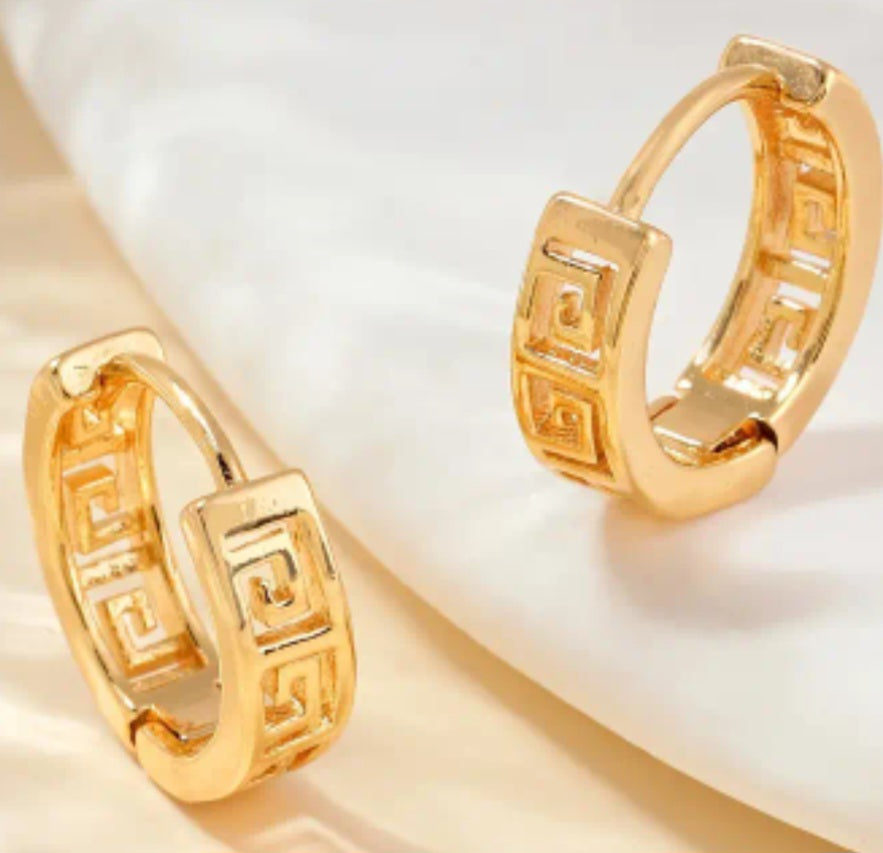 Greek Key Design Gold Plated Copper Filled Teeny Tiny Huggie Style Hoop Earrings