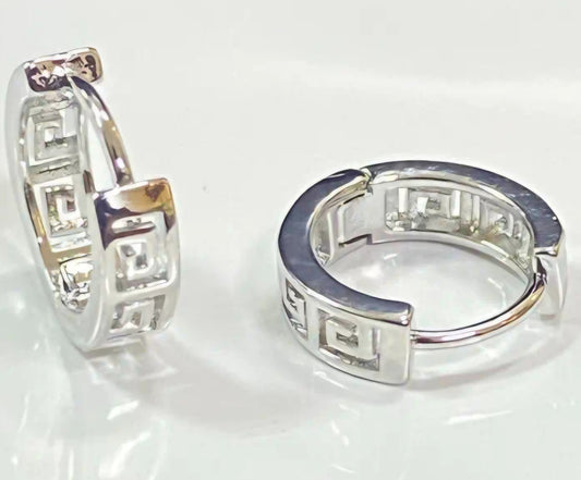 Greek Key Design Silver Plated Copper Filled Teeny Tiny Huggie Style Hoop Earrings