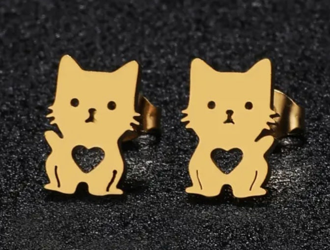 Adorable Cat Kitty Heart Design Gold Plated Stainless Steel Small Teeny Stud Earrings