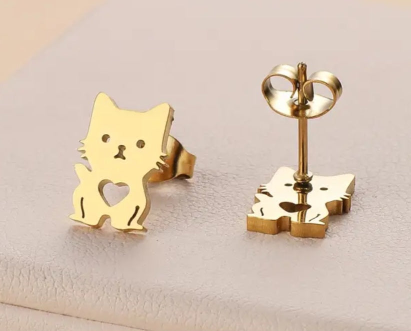 Adorable Cat Kitty Heart Design Gold Plated Stainless Steel Small Teeny Stud Earrings