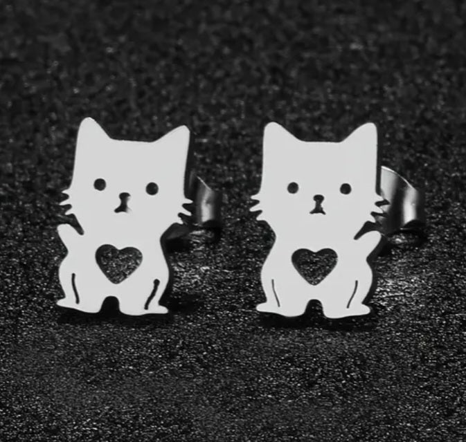 Adorable Cat Kitty Heart Design Silver Plated Stainless Steel Small Teeny Stud Earrings