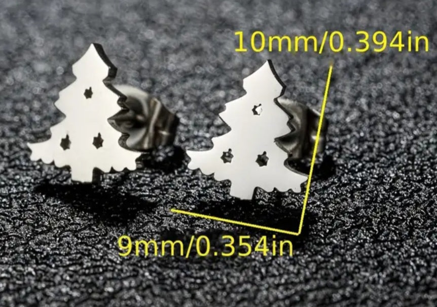 Adorable Christmas Tree Festive Design Silver Plated Stainless Steel Small Teeny Stud Earrings