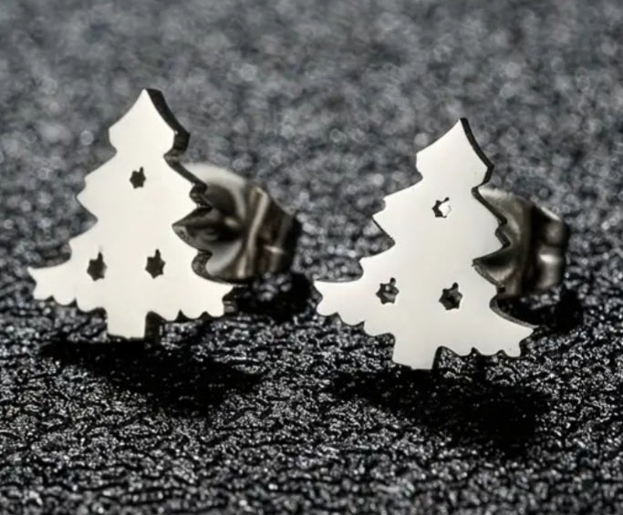 Adorable Christmas Tree Festive Design Silver Plated Stainless Steel Small Teeny Stud Earrings