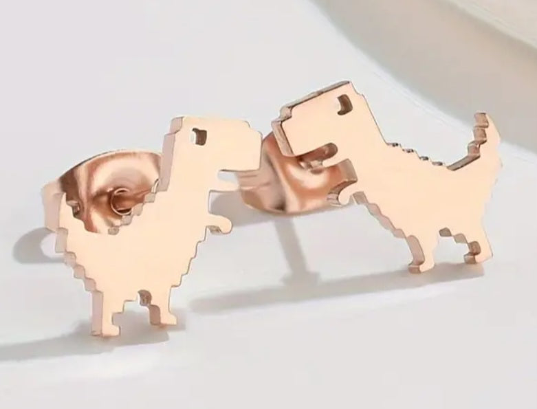 Adorable Dinosaur Pixel T-Rex Design Rose Gold Plated Stainless Steel Small Teeny Stud Earrings