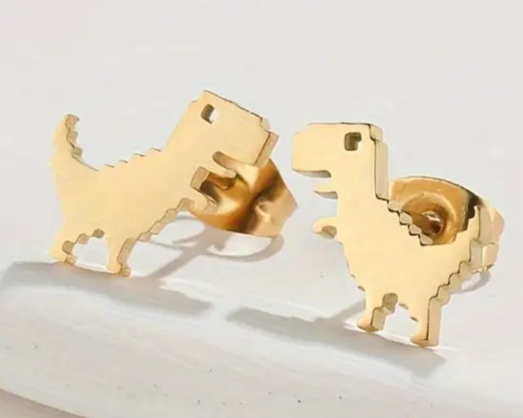 Adorable Dinosaur Pixel T-Rex Design Gold Plated Stainless Steel Small Teeny Stud Earrings