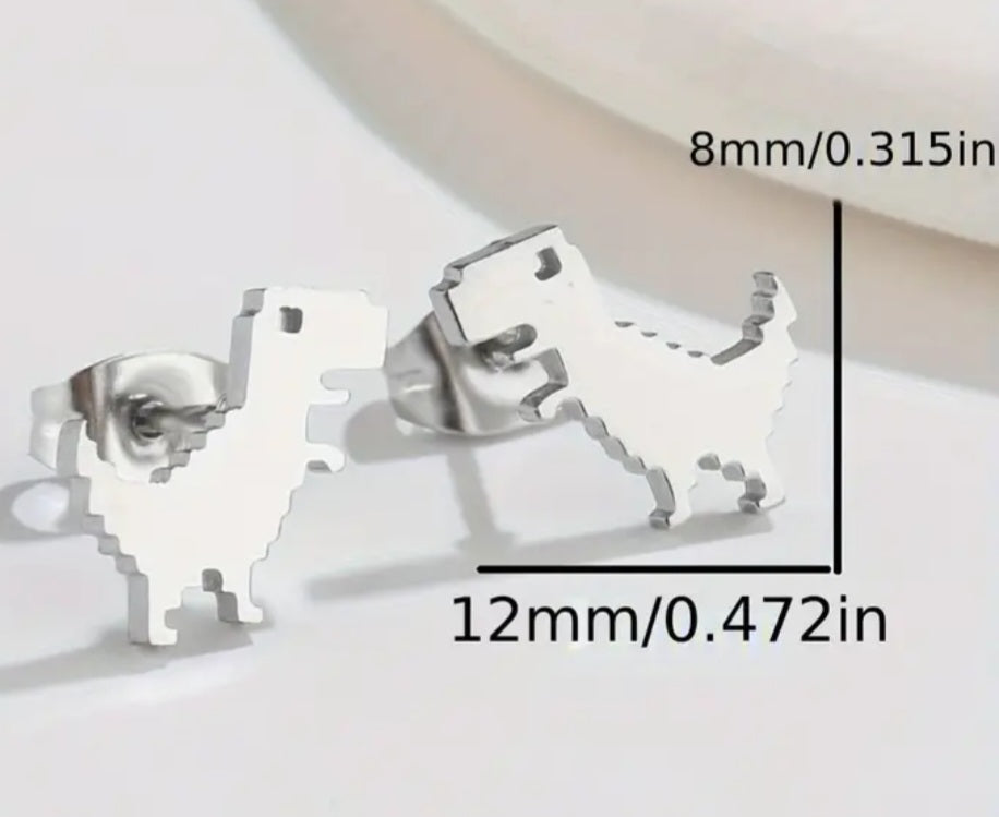 Adorable Dinosaur Pixel T-Rex Design Silver Plated Stainless Steel Small Teeny Stud Earrings