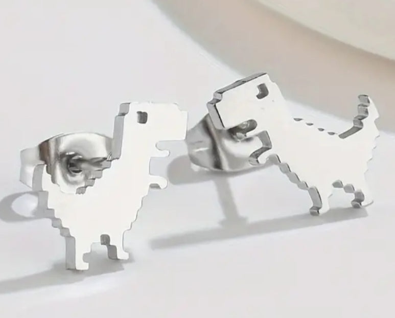 Adorable Dinosaur Pixel T-Rex Design Silver Plated Stainless Steel Small Teeny Stud Earrings