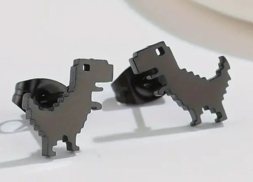 Adorable Dinosaur Pixel T-Rex Design Black Plated Stainless Steel Small Teeny Stud Earrings