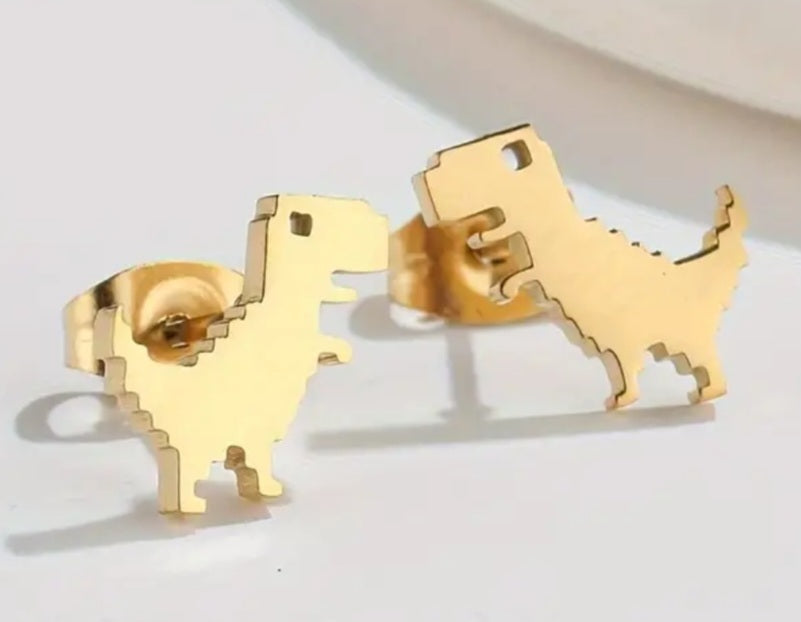 Adorable Dinosaur Pixel T-Rex Design Gold Plated Stainless Steel Small Teeny Stud Earrings